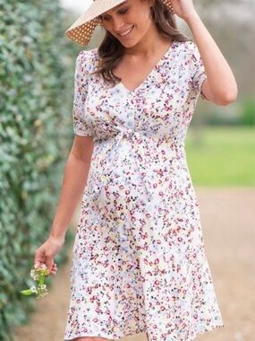 Seraphine White Floral Midi Dress with Pink and Blue Accents